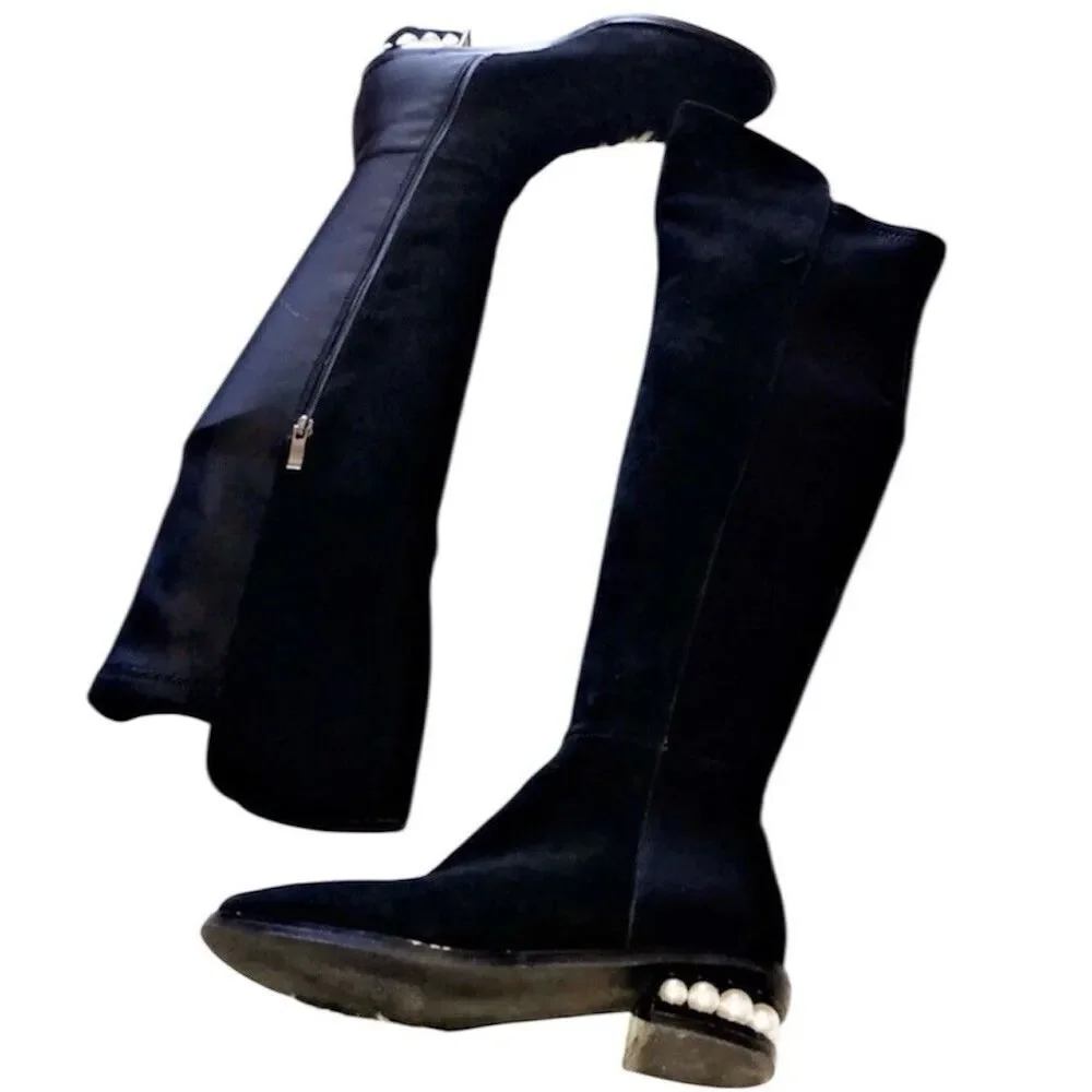 CATHERINE MALANDRINO Black Vegan Suede Over the Knee Pearl Heel Boot 7.5